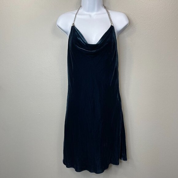 Cinq A Sept Anika Velvet Halter Dress Womens 8 Lapis Blue Chain Strap Silk Blend - Picture 1 of 11